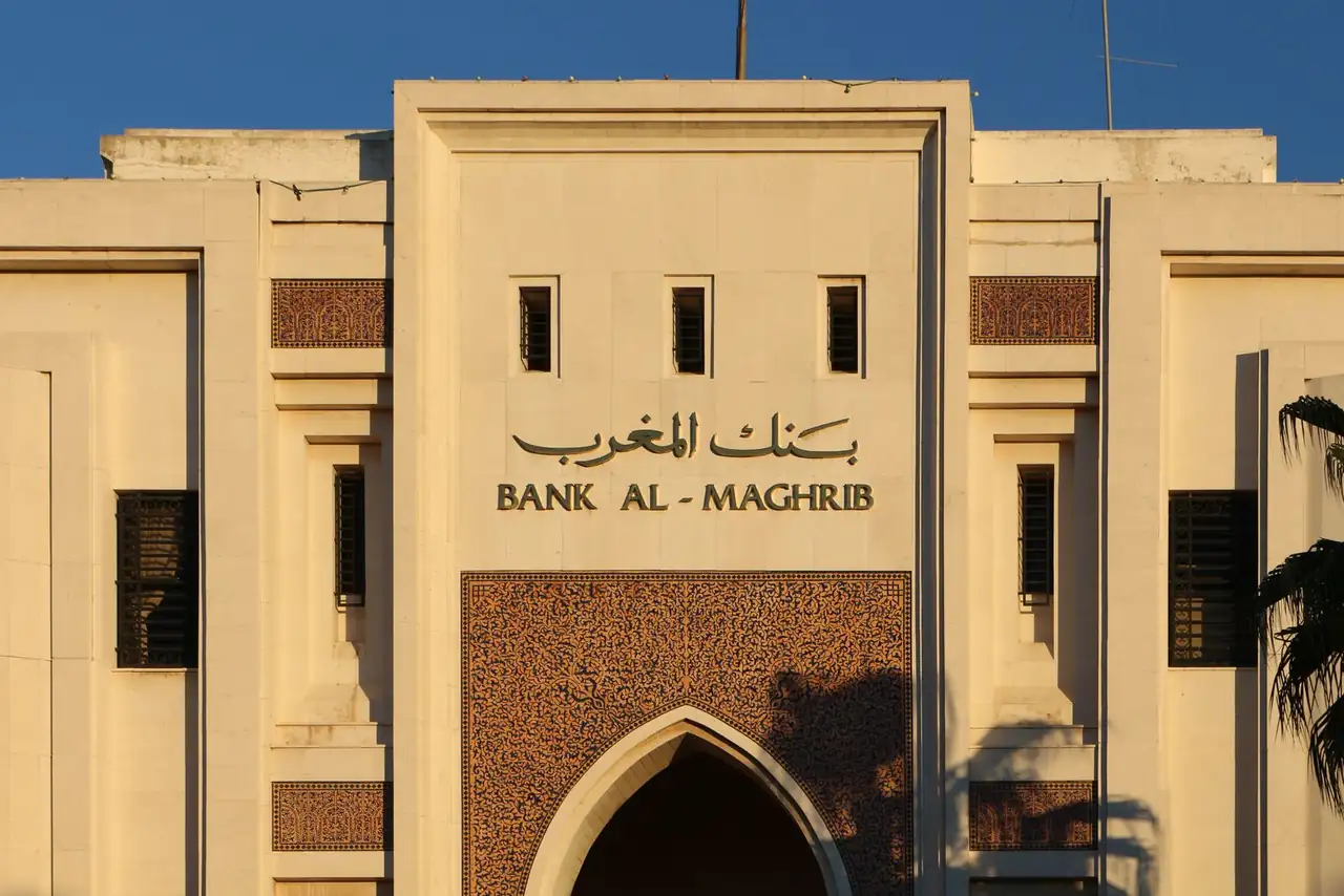 Detailed facade view of Bank Al-Maghrib showcasing Arabic architecture in Morocco's urban landscape.